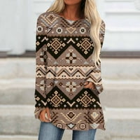 Дамски дълъг ръкав западни ризи Етнически графични Суитчъри пуловер за есента случайни блуза О-деколте върхове печат Тениски Блуза Каки с