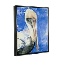 Ступел индустрии елегантен Пеликан птица закътан клюн смела синя живопис Живопис реактивен Черен плаващ рамкирани платно печат стена изкуство, дизайн от Дженифър Пакстън Паркър