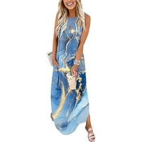 Плажна рокля за жени плажна ваканция ежедневни печатни Без ръкави кръст предна врата дълга рокля светло синьо на клирънс