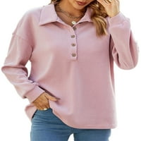 Grianlook жени свободни годни копчета Пуловер Лапета с дълъг ръкав тениска зима Суичър с твърд цвят розов 2xl