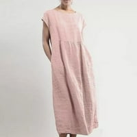 Просвета летни рокли за жени с къс ръкав A-Line Владената дължина кръгло деколте плътна рокля розово xl