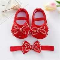Sprifallbaby Baby Girls Flats Beaded Bow Princess обувки за ходене и лента за глава за новородено дете дете 0-12m