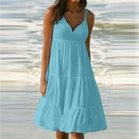 Jerdar летни рокли за жени модни празници лято солиден цвят v шия без ръкави на плаж плаж рокля синя xl