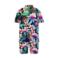 Hfyihgf Мъжки небрежен копче с къс ръкав Хавайска риза и къси панталони Комплекти за ваканция на плаж флорален принт