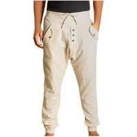 Мъжки памучно ленено панталони панталони еластична талия леки ежедневни панталони тънки панталони за йога плаж с джобове