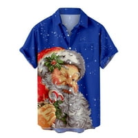 Дакиан Мъжки тениски клирънс мъже ежедневни твърди копчета Коледа Дядо Коледа печат с джоб Вечерен къс ръкав риза блуза мъжки ризи клирънс синьо 12