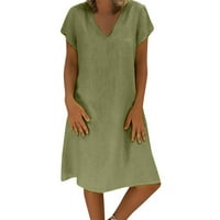 Летни рокли за жени с къс ръкав А-линия дължина до коляното темперамент плажна масивна в-врата рокля зелен ххл
