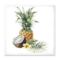 Дизайнарт 'ананас с Плумерия кокос и палмови листа' традиционен Арт Принт в рамка