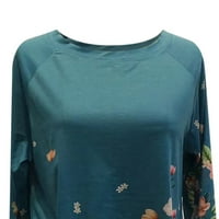 Пунтоко Плюс размер върховете клирънс, жените О-врата печат хлабав дълъг ръкав тениска блуза върхове синьо 6