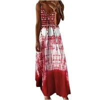Ersazi Fashion Women Summer V-Nect Небрежно печат свободен без ръкави рокля с дълга рокля с ресни 3- червени рокли за жени s