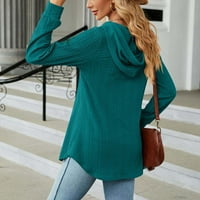 До 50% отстъпка от дълъг ръкав с качулка на туника за жени ежедневни плътни цветове бутон v Врат плетен пуловер Блуза Разхлабен поток удобна качулка Суичърс Зелен S