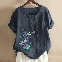 Небрежни летни ризи за жени с широка ивица риза дамски свободно памучно бельо с къс ръкав модна горна кръгла шия модна тениска